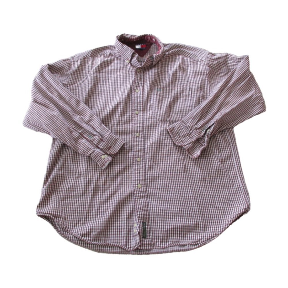 Tommy Hilfiger Button Down Shirt Mens Large Red Checkered Long Sleeve Collar Top